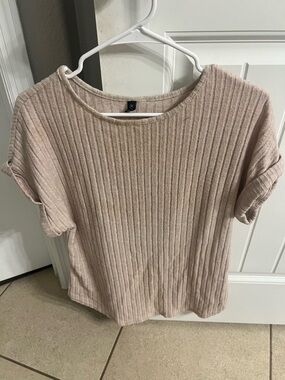 Ribbed Short-Sleeve Top in Light Beige